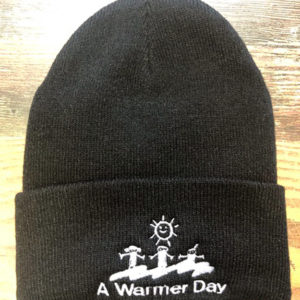 black and white knit hat with logo